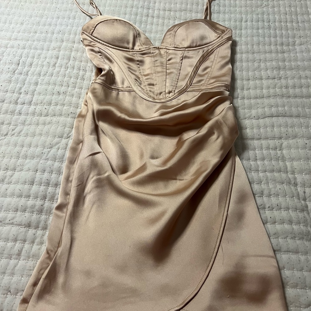 Zara Strapless Satin Dress in Beige